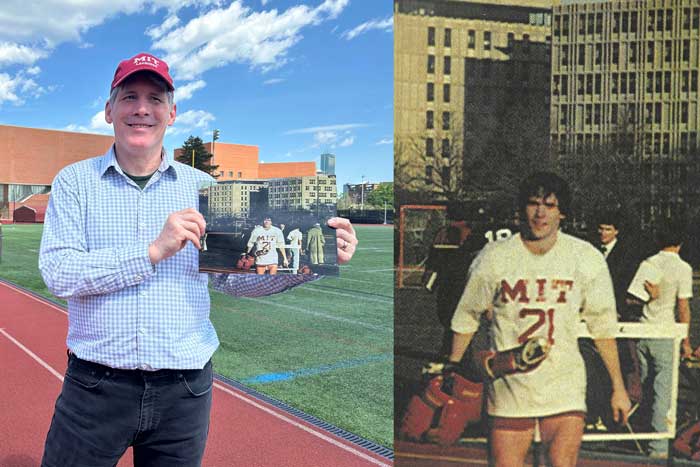 2 photos of Mark Johnson. On left, a recent photo shows Mark holding a photo. On right is the photo of Mark as an MIT student on the track.